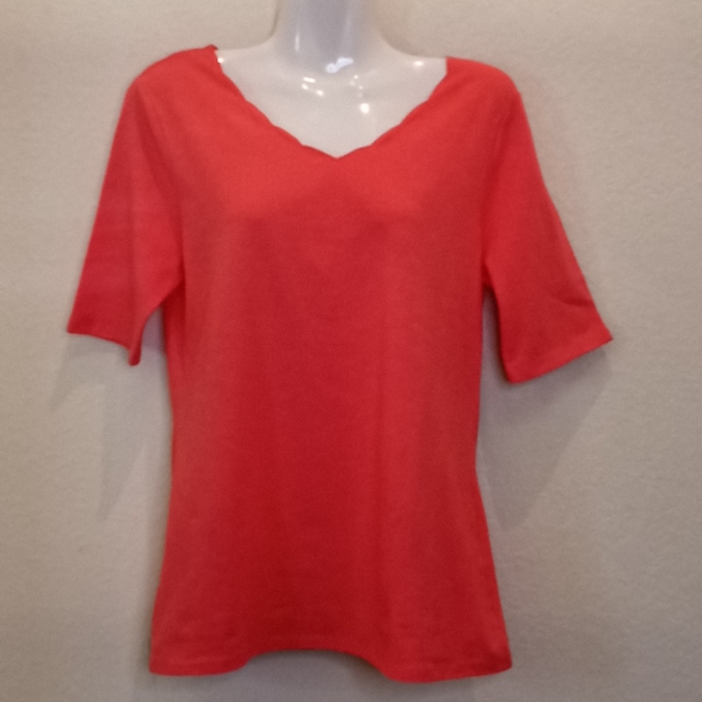 Lemon Way Coral Scalloped Neck Knit Top